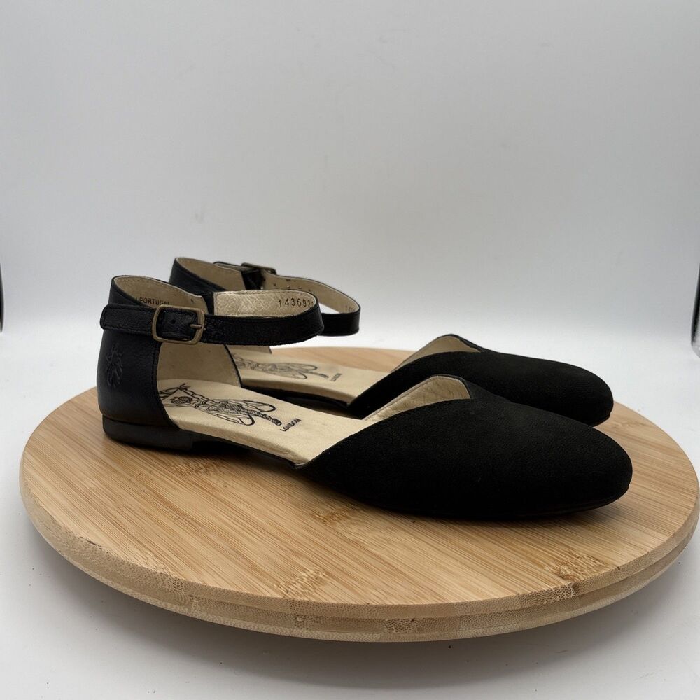 Fly London Black Leather Ankle Strap Flats Closed Toes Mary Jane EU 39 Minimal